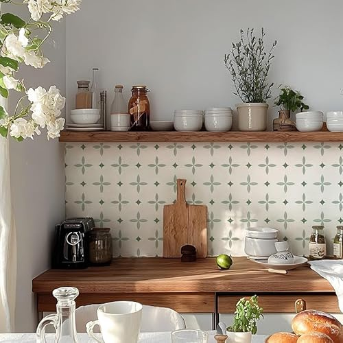 Alwayspon - Pegatinas adhesivas para azulejos, 20 piezas de 20 cm/8 pulgadas, blanco y verde, autoadhesivas, para pegar en azulejos, ideales para baño y cocina, protector antisalpicaduras, vinilo