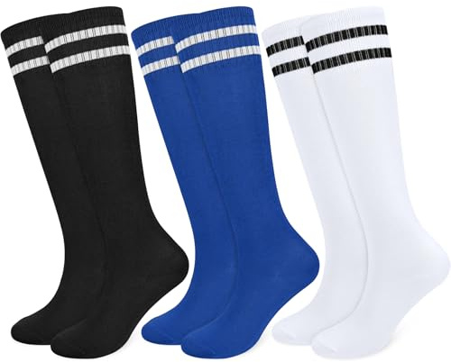 srclo 3 paia di calzini da calcio traspiranti per bambini, lunghi, per ragazzi, ragazze, ragazzi, corsa, allenamento, rugby (età 5-12 anni), nero, bianco, blu., 9-12 Years