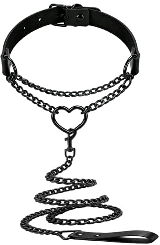 Aufordebatis Heart Black Chain Collar, Leather Collar Necklace Gothic Punk Body Chain Belt Jewelry Accessories for Halloween Cosplay (Black, 13-16 in)