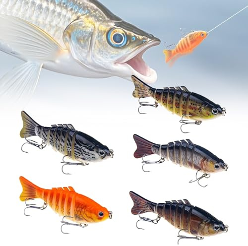 Señuelos de Pesca,5 Piezas Señuelos Artificiales 3D,Accesorios de Pesca,Señuelos Multiarticulados,Lure Cebo Realista,Señuelos de Natación Bionic Multi Articulado,para Agua Dulce y Salada