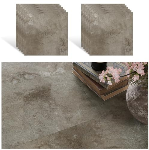 VEELIKE PVC Bodenbelag Betonoptik Braun Vinyl Bodenbelag Garage 12 Stück Vinylboden Selbstklebend Bodenfliesen Überkleben Klebefliesen Boden Badezimmer Fliesenaufkleber Küche Wasserfest30 cm x 30 cm