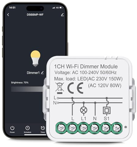 Interruptor Regulador de Luz LED, WIFI 2.4G dimmer led 220v, Regulador Intensidad Luz, Compatible con Alexa, Google,Tuya,Smart life, Control de Voz/temporizador, Se Requiere Cable Neutro