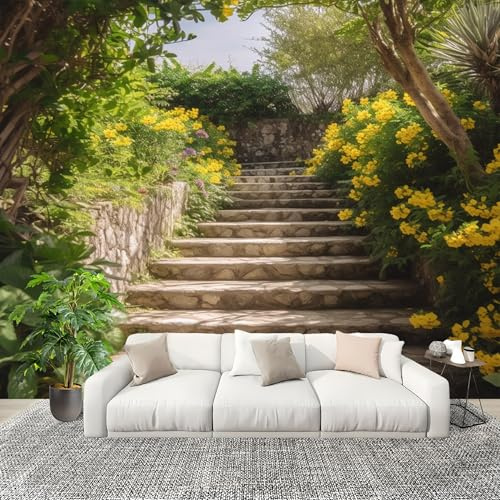 300x210 cm Fotomurali in TNT PianteFioriGradini In Pietra Carta da Parati Fotografica Moda Murale Decorazione Personalizzabile Marrone Moderno e Lussuoso 3D HD Panorámico Carta per Pareti