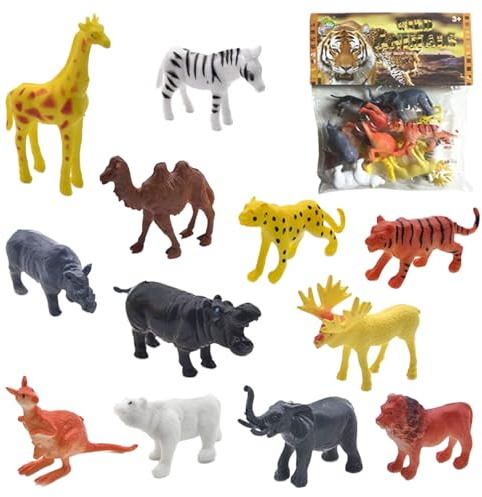 PLUSHCEWT 12 Pcs Wild Animals Toys Set, Plastic Mini Animal Figures for Kids Toddlers, Realistic Animals for imaginative Play, Mini Toy Set with Tiger, Lion, Elephant for Childs Boys Girls