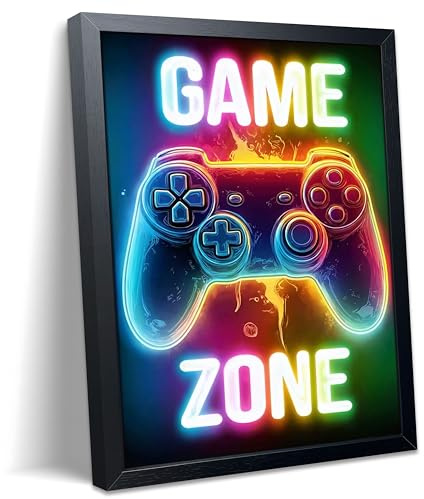 Boys Room Game Wall Decor Wall Decor, Neon Gaming Accessories Theme Wall Art, Colorful Neon Gamepad Canvas Painting Prints for Children Youth Boys Bedroom Decor 8x10 Inch Framed