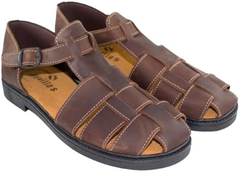 SEVILLAS Mod 13 Sandalias Hombre de Piel tipo Cangrejera, Sandalia pescador Hebilla Ajustable (Marrón, Sistema tallas calzado EU, Adulto, Números, mediano, 39)