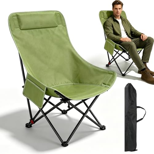 Campingstol, högryggstöd, vikbar 150 kg, fällstol, camping lätt med sidofickor, bärbart ryggstöd, campingstol, fiskestol, vikstol, strandstol för utomhusbruk, vandring, trädgård, picknick (grön)
