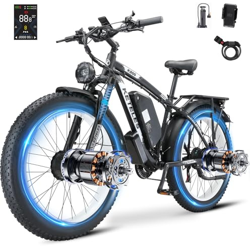 Dual Motor Electric Mountain Bike for Adults, 52V 32AH Up to 160KM Long Range E Bike, Dual Hydraulic Brakes, 26 Fat Tire 21-Speed Electric Bicycle for Off-Road, Commute, Cargo (Black and White)