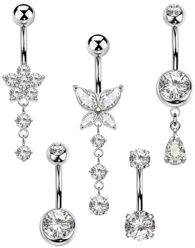 JollyDragon 5Pcs Dangle Belly Button Bars for Women, Butterfly Flower Teardrop Navel Piercing Jewellery, Summer Dangling Belly Rings for Beach, Festival and Daily Wear
