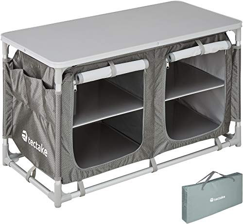 TecTake® Portable Camping Kitchen & Cupboard - 4 Shelves, 3 External Pockets, Worktop, & Zipped Doors - Shelving Unit & Outdoor Storage Cabinet - Compact, Lightweight & Includes Carry Bag - Grey