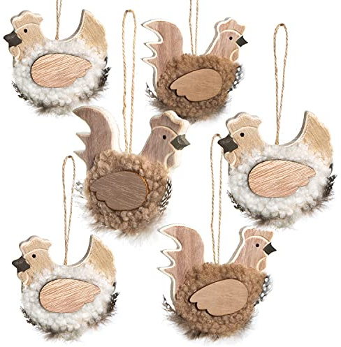 Colgantes de Pascua Gallo y gallina, 6 Unidades: Figuras de Pollos para Colgar, decoración en Madera, Adornos para árbol de Pascua y Ventana, decoración primaveral rústica, 9,5 x 9 cm