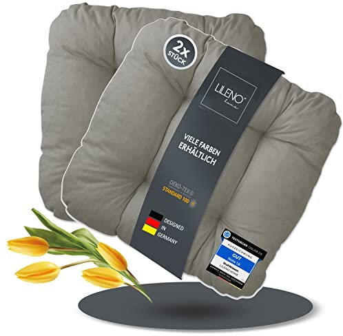 LILENO HOME 2er Set Stuhlkissen Hellgrau (38x38x8 cm) - Sitzkissen für Gartenstuhl, Küche oder Esszimmerstuhl - Bequeme UV-beständige Indoor u. Outdoor Stuhlauflage als Stuhl Kissen