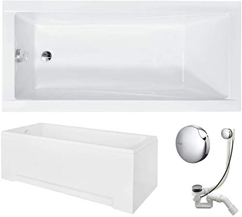 VBChome Vasca da bagno, 180 x 80 cm, in acrilico, set per sifone, vasca rettangolare, colore bianco, design moderno, piedini per vasca da bagno, scarico cromato