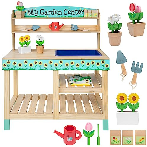 Bloom & Grow Gardening Center Wooden Toy Indoor Playset- 22 Pc Garden Stand Set w Flowers, Seed Packet, Pots Shovel Rake Apron Watering Pot- Interactive Fun Pretend Playtime Activity, Kids Summer Gift
