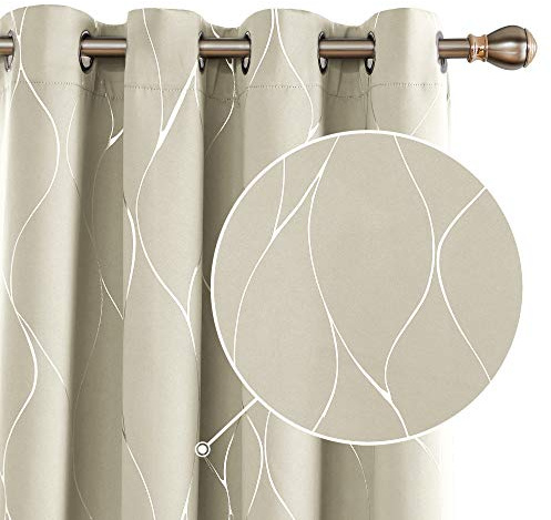 Deconovo Eyelet Blackout Curtains Silver Wave Line Foil Printed Curtains Energy Saving Curtains for Girls Bedroom Light Beige W55 x L95 One Pair