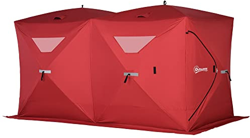 Outsunny 5-8 People Pop-Up Portable Ice Fishing Tent with Carry Bag, Two Doors, Windows and Vents, Ice Shanty for Winter Fishing, Red