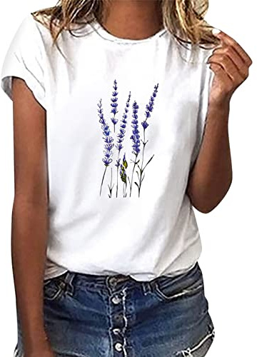 heekpek Camiseta Manga Corta Mujer Blanca Basicas T-Shirt Mujer Algodon Casual Cuello Redondo Camiseta de Verano con Estampado, Lavanda, L
