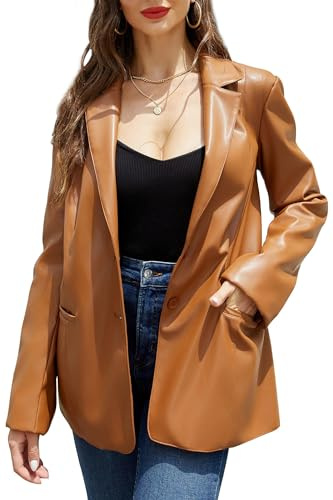 RISISSIDA Damen-Blazer aus Kunstleder für Frühlings- und Herbstmode, veganes Leder, Button-Down-Shirts/Mäntel, Blazer-braun, M
