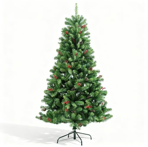Árbol de Navidad Artificial de 1,2 m, Abeto de Maryland, Puntas de Pino Verde Decoradas con Bayas Rojas y piñas de Pino, decoración de Navidad para el hogar, Soporte de Metal