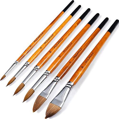 Fuumuui Aquarell Pinsel Set Professionelle Kolinsky Pinsel für Künstler 6pcs Spitze Runden Katzenzunge Oval Waschdolch für Aquarell Acryltinten Gouache Malerei