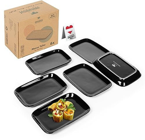 Urban Lifestyle Lot de 6 assiettes Mezze noires en grès - 15 x 10 x 1,7 cm - Assiettes à apéritifs - Assiettes à dessert - Assiettes à sushi - Assiettes de service rectangulaires
