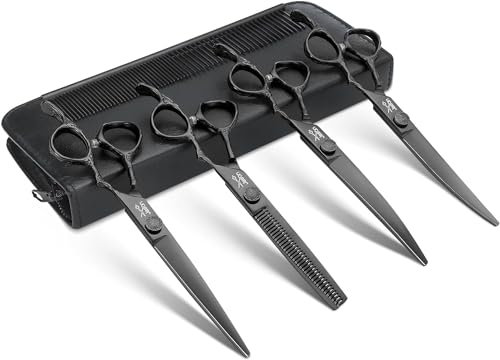 JASON Profi Hundeschere Set - 6 in 1 Hundeschere Set, Gerade/Gebogene/Chunker Schere und Kamm für Hund Katze Haustier mit Verstellbarer Schraube，Schwarz