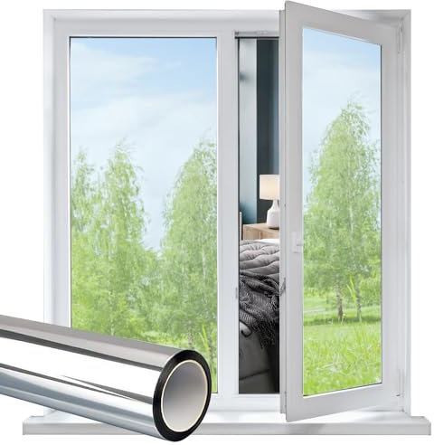 Funfox Spiegelfolie Selbstklebend Sonnenschutzfolie Fenster, Fensterfolie Blickdicht Sichtschutzfolie Reflektierend Wärmeisolierung UV-Schutz Scheibenfolie Für Büro Wohnzimmer Silber 44.5 x 200cm