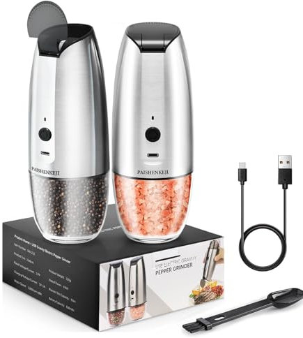 Macina Sale Pepe Elettrico Set: - Macina Pepe USB Ricaricabile con luce LED, Automatica Gravità Macinapepe Elettrico con Funzionamento di una Mano e Rugosità Regolabile