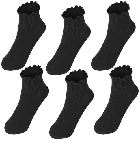 Lvefyti Lot de 6 paires de chaussettes à volants pour femme - En coton doux et confortable - Respirantes - Chaussettes de princesse élégantes - Chaussettes de cheville pour femmes et filles, Noir , 35
