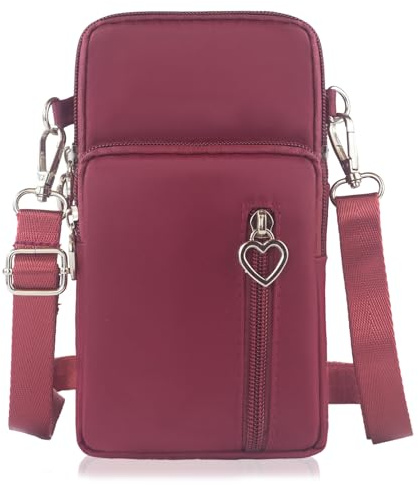 DuoLmi Axelväska för kvinnor, liten crossbodyväska för kvinnor, nylon mobiltelefon miniväska liten axelväska multifunktionell mobilväska för upphängning kvinnor, 06 Rödvin, Small