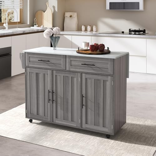 Wyibwy Carrello da cucina,isola da cucina su ruote con piano di lavoro pieghevole,isola da cucina mobile con 2 cassetti e 3 ripiani,carrello da pranzo con venature in legno,120x46x91,5 cm,Grigio