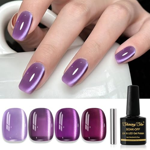 Shining She Smalto Semipermanente Unghie Magnetico, 4 Colori Viola Intenso Cristalli Viola Uva viola Glitter Smalti Semipermanenti per Unghie Soak-Off UV/LED per Principiante Nail Art Salone, 8ML