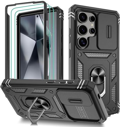 Pilaru 3 in 1 for Samsung S25 Ultra Case | With Front Frame | [Separate] 2 Screen Protector & Kickstand Ring & Camera Cover Military Grade Drop Shockproof Protection for Galaxy S25 Ultra,Black
