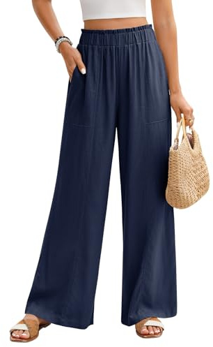 PASUDA Womens Linen Trousers Elasticated High Waisted Palazzo Pants for Women Casual Wide Leg Trousers with Pockets Ladies Elegant Summer Pants Loose Lounge Flowy (Navy, XXL)
