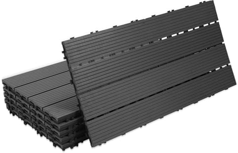 Eulenke WPC terrassplattor 12 stycken, 30 x 60 cm terrassbrädor för balkonggolv, klickplattor, balkongplattor i träutseende, golvbeläggning väderbeständig för terrass, för 2 m², grå