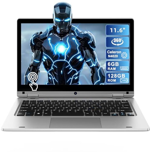 LEEDOW 11.6'' Laptop PC Celeron N4020 6GB RAM 128GB SSD, 360° Foldable Laptop Touchscreen, 2.4G/5G Dual Band WiFi, Bluetooth 4.2, W 11 Pro, HDMI, Notebook Support 256GB SD Card Expansion - Silver