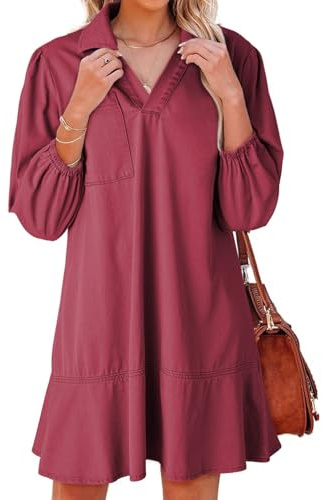 Dokotoo Denim Dresses for Women Summer Casual Babydoll 3/4 Puff Sleeve Mini Dress for Women Womens 2026 Elegant V Neck Western Jean Dresses Red Large