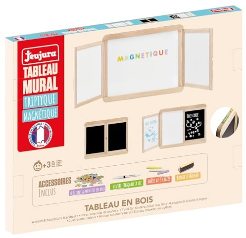 Jeujura - Tableau Mural Triptyque Magnétique - Ardoise Centrale Blanche Magnétique Deux Volets avec Face Blanche et Face Craie - Nombreux Accessoires - Made in France - À partir de 3 Ans - 8807