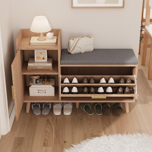 Banc Chaussures Entrée, Armoires à chaussures avec Rangement et Siège Rembourré Multifonctionnel Meuble à Chaussures pour Entrée,Salon,Couloir, Coucher (Couleur du bois brut, 100 x 30 x 69,5 cm)