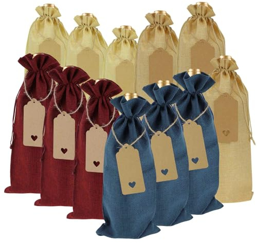 CAPASTEC Vinpåsar i linne 12 stycken presentpåsar för vinflaskor med rep och etiketter flaskpåsar återanvändbara presentpåsar blå röd vin beige mörk linne
