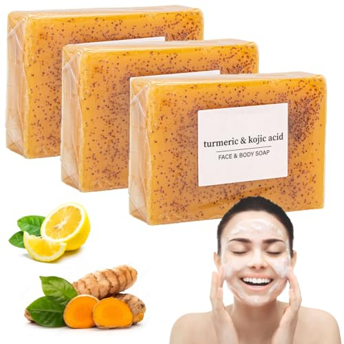 3PCS Turmeric Soap Bar, Natural Turmeric and Kojic Acid Soap for Face Body | Exfoliating Bar for Smooth Skin