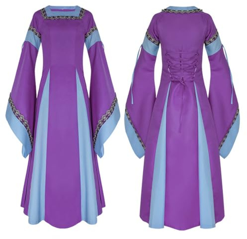 Bauzuoyo Abito medievale con maniche a tromba da donna, costume vintage rinascimentale, maxi gonna a vita alta, abito da sera elegante, abito gotico vittoriano