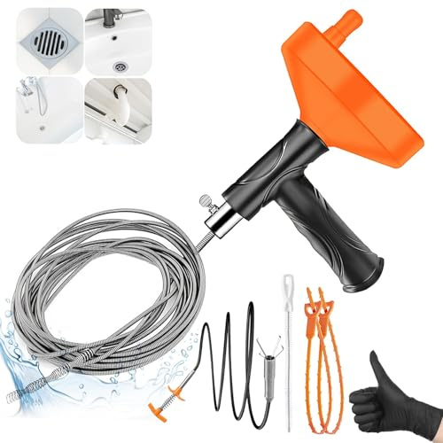 Drain Snake Auger, Sink Unclogger Drain, Plumbing Snake Drain Hair Clog Removal Tool, Heavy Duty Toilet Snake Auger, Cleaner Tool for Bathroom Kitchen Tub Shower Drain Clog Remover with Gloves 33 Feet