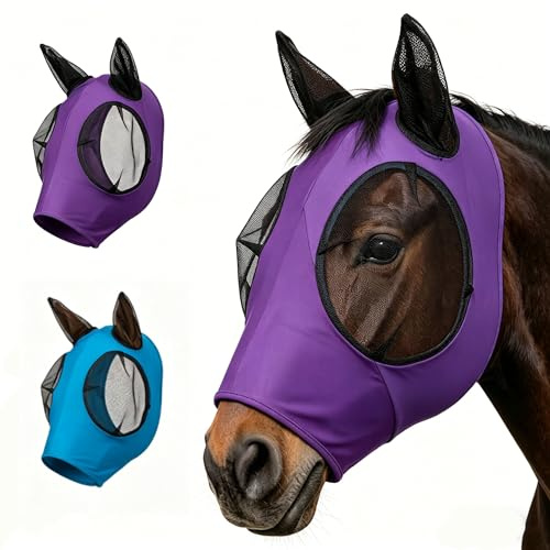 2 stycken flugmask för små och medelstora hästar, superkomfort stretchy hästflugmask med öron och pannlockshål, elastiskt material, andningsbart, lätt, UV-skydd, mjuk och perfekt passform (lila + blå)