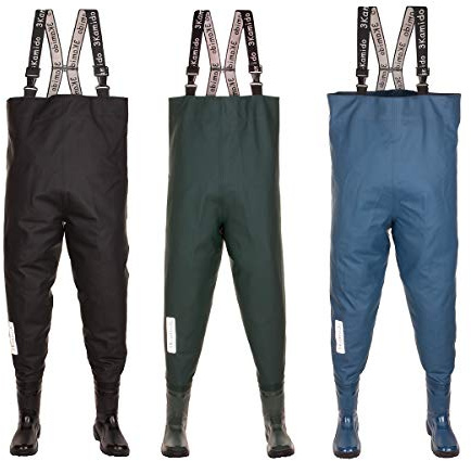 3Kamido fiske ungdomar tonåringar bröstvadare, hållbara hängslen, fiskespökar, juniorvadare svart och grön, solid sula, väska för förvaring och transport. Denim blå 36EU