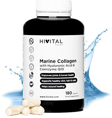 Colágeno Marino con Ácido Hialurónico, Coenzima Q10, Vitamina C y Zinc. 180 cápsulas para 3 meses de tratamiento. A base de 900 mg de péptidos de Colágeno Marino Hidrolizado. De HIVITAL