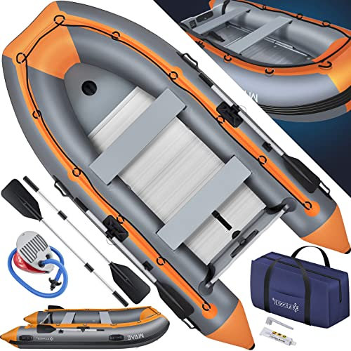 KESSER® Schlauchboot 3,20 m für 4 Personen - Wave Motor geeignet Freizeitboot Paddelboot Motorboot Angelboot - mit 2 Sitzbänken - Alu-Boden Paddel Pumpe Reparaturset & Tasche aufblasbar PVC, Grau