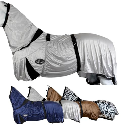 Marengos - Ekzemerdecke mit Halsteil & Bauchlatz – Fliegendecke aus feinmaschigem Gewebe – Schutz v. Insekten – doppelter Frontverschluss & Gehfalte – Pferdedecke in Silbergrau – 145cm