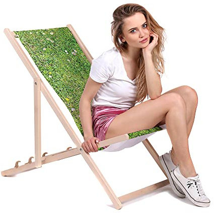 DreamRoots Liegestuhl Klappbar Holz aus Buchenholz, bis 130 kg belastbar, 3-Fach verstellbare Rückenlehne, waschbarer Polyesterbezug