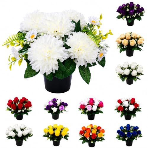 Nuovo design migliorato 25 cm tomba fiori cimitero vaso tomba vaso vaso fiore inserto commemorativo fiori artificiale disposizione per tombe 12 rose fiori commemorativi (crisantemo bianco)